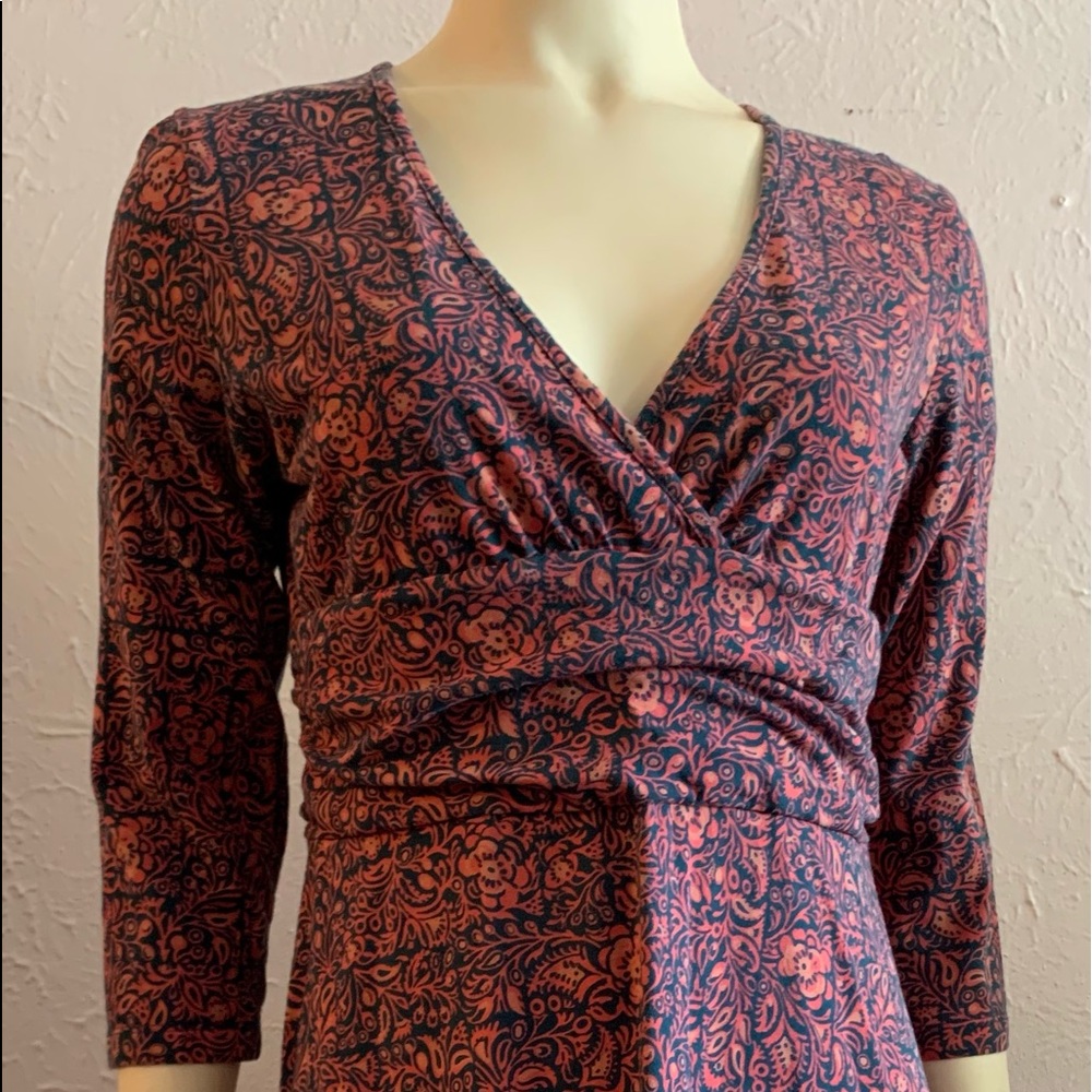 Patagonia S Organic Cotton/Spandex Knit Print Knee Length Dress Navy Coral/Pink